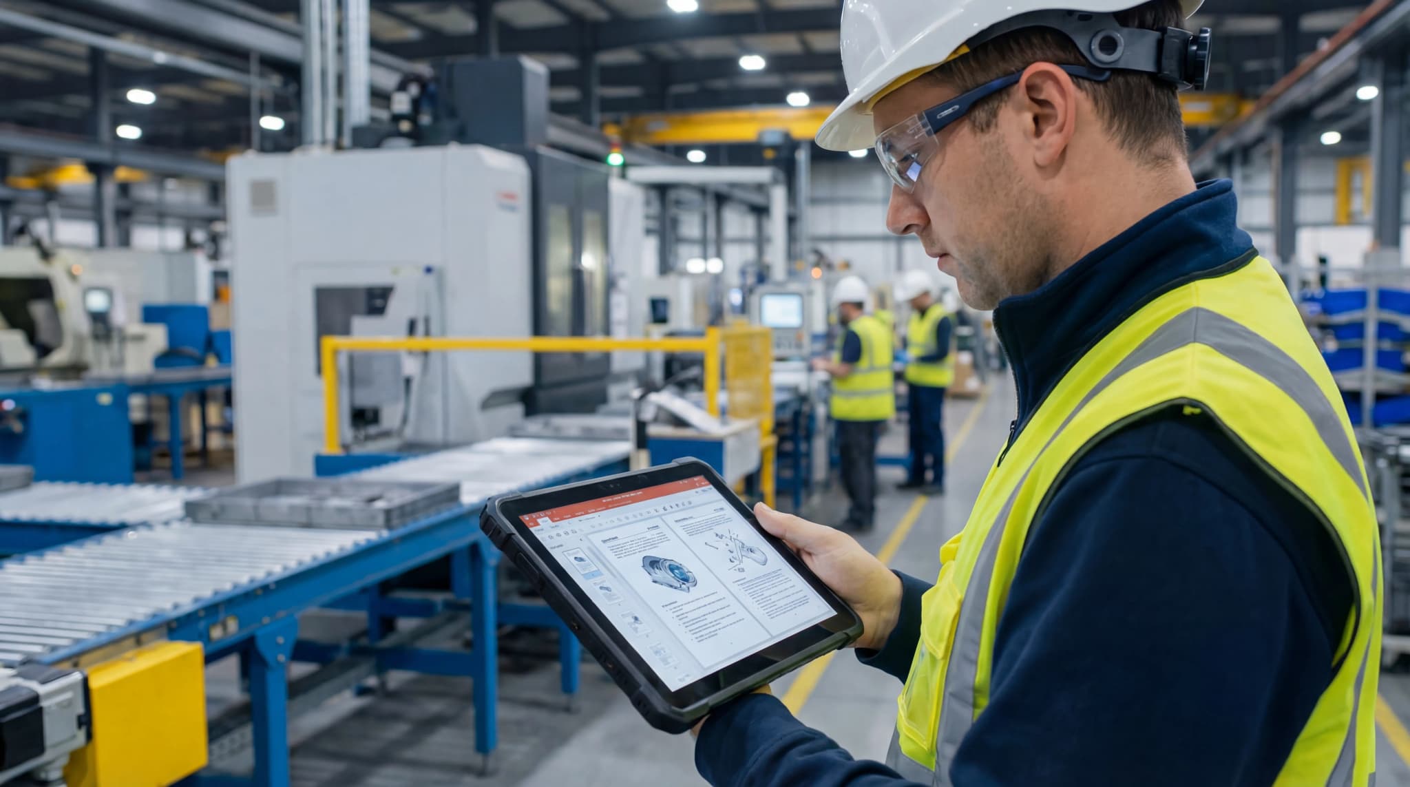 Team ingegneristico con analisi dati di produzione Engineering team analyzing production data and optimizing manufacturing processes